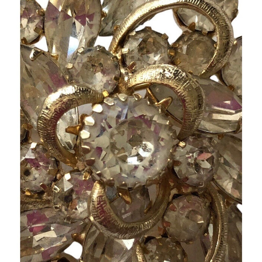 Kramer Clear Prong Set Gold Swirl Signed Rhinestone Crystal Pin Brooch Triangle - Picture 6 of 6